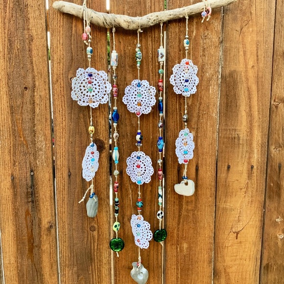 Driftwood Crochet Boho Flowers Of Life Glass Beads Sea Rocks Window Wall Decor - Picture 13 of 15